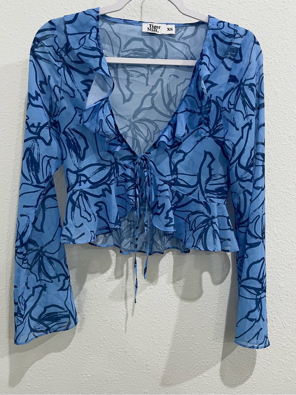 Tiger Mist Blue Sheer Floral Tie-Front Ruffle Top Feminine Y2K Boho